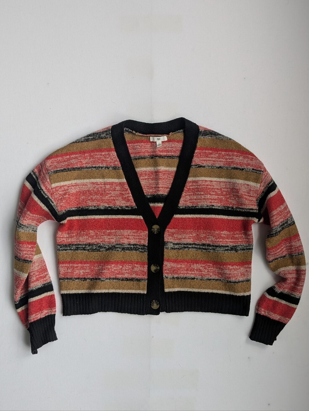 BP Nordstrom Cropped Multicolor Striped V-neck Cardigan sz M Red Black Tan